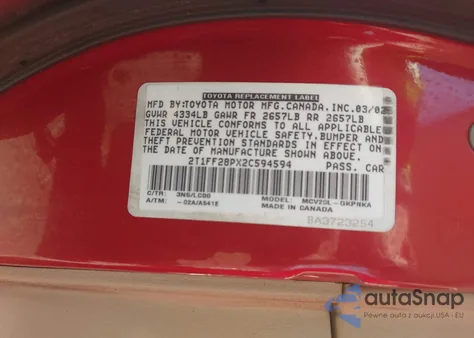 2002 Toyota Camry Solara Sle V6 из США, поврежденный, VIN 2T1FF28PX2C594594